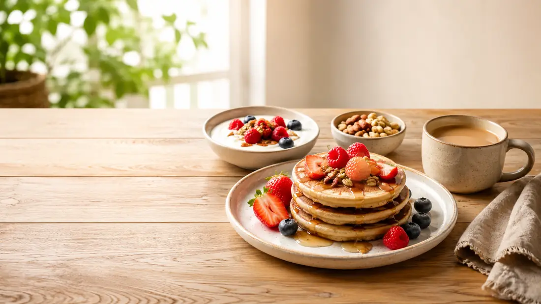 Desayuno con panqueques, yogur, frutos rojos y café