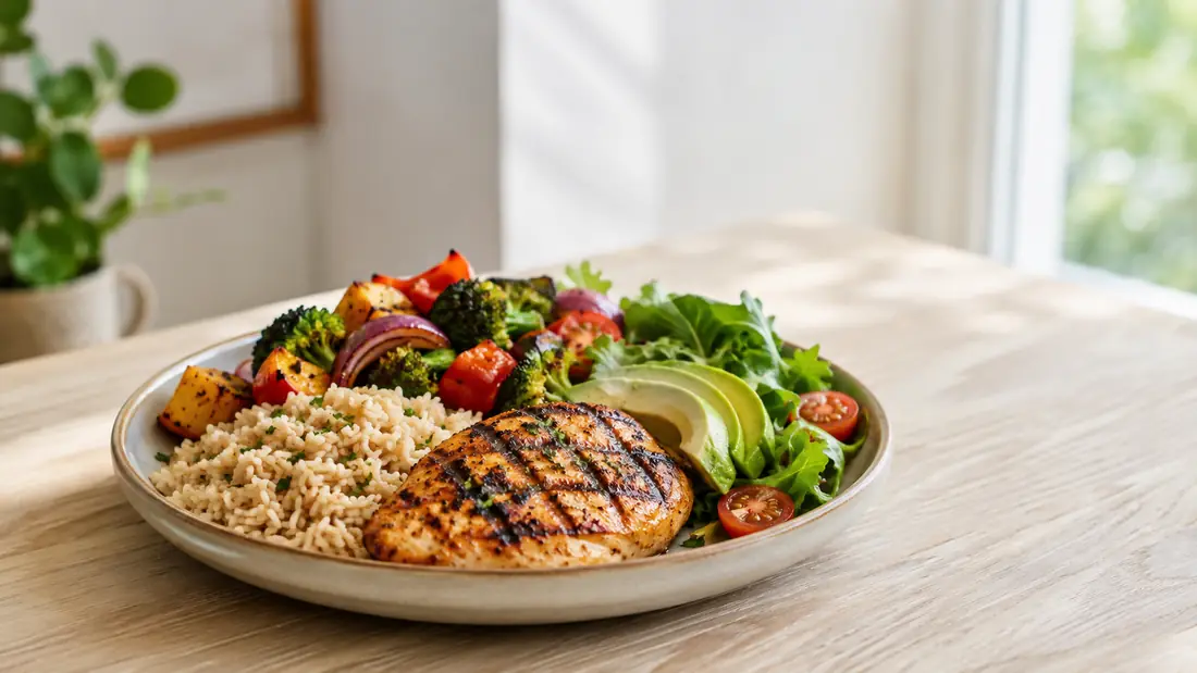 Plato completo con pollo, arroz, verduras y palta