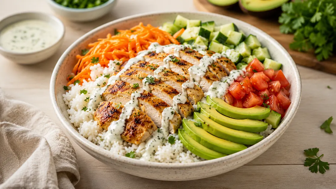Bowl de pollo, arroz, palta y vegetales
