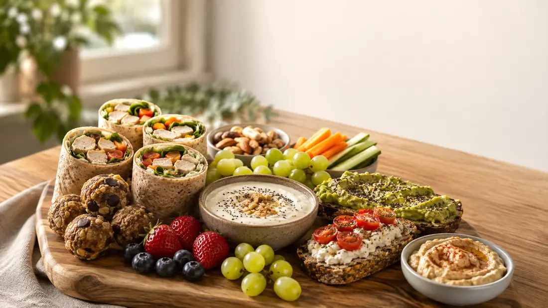 Opciones rápidas con wraps, frutas, frutos secos, yogur y hummus